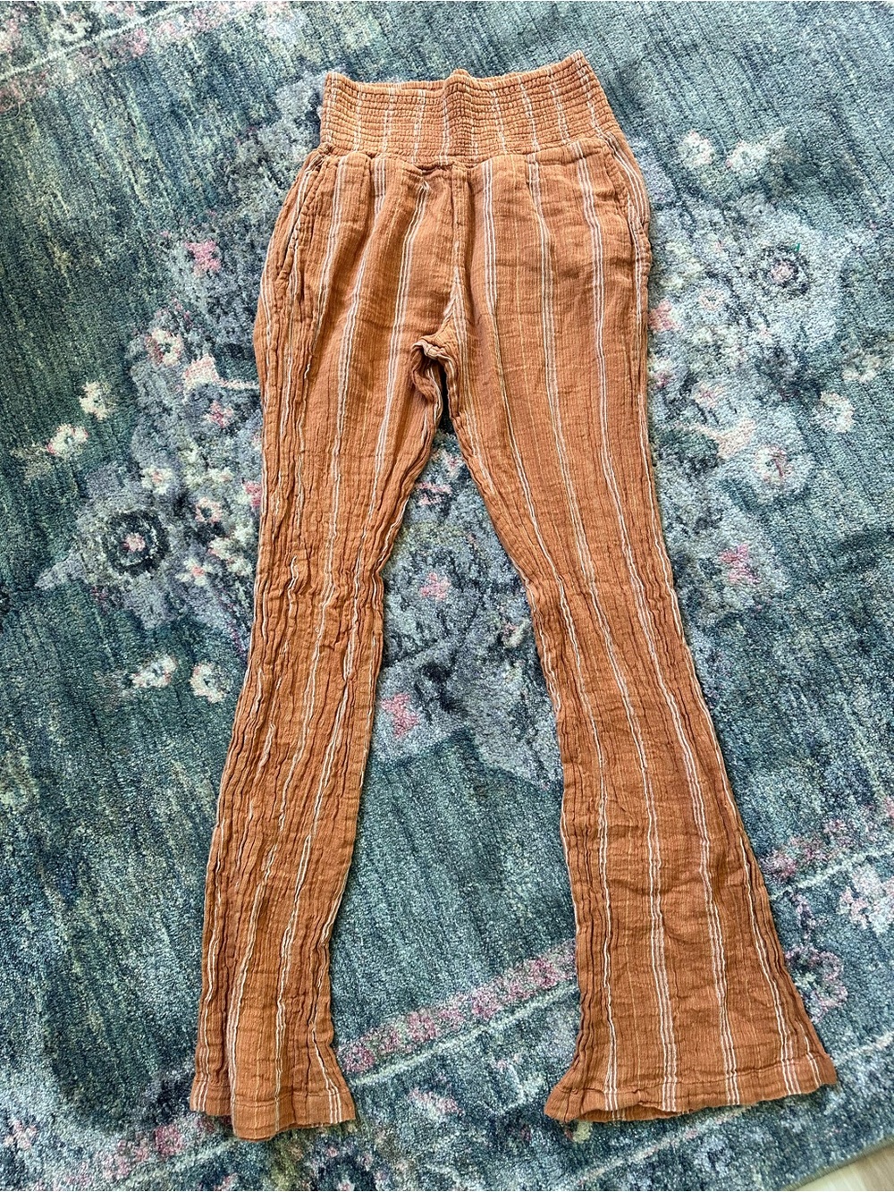 Billabong Rust Orange Ribbed Flare Pants with Cream Stripes Large Bohemian 80s